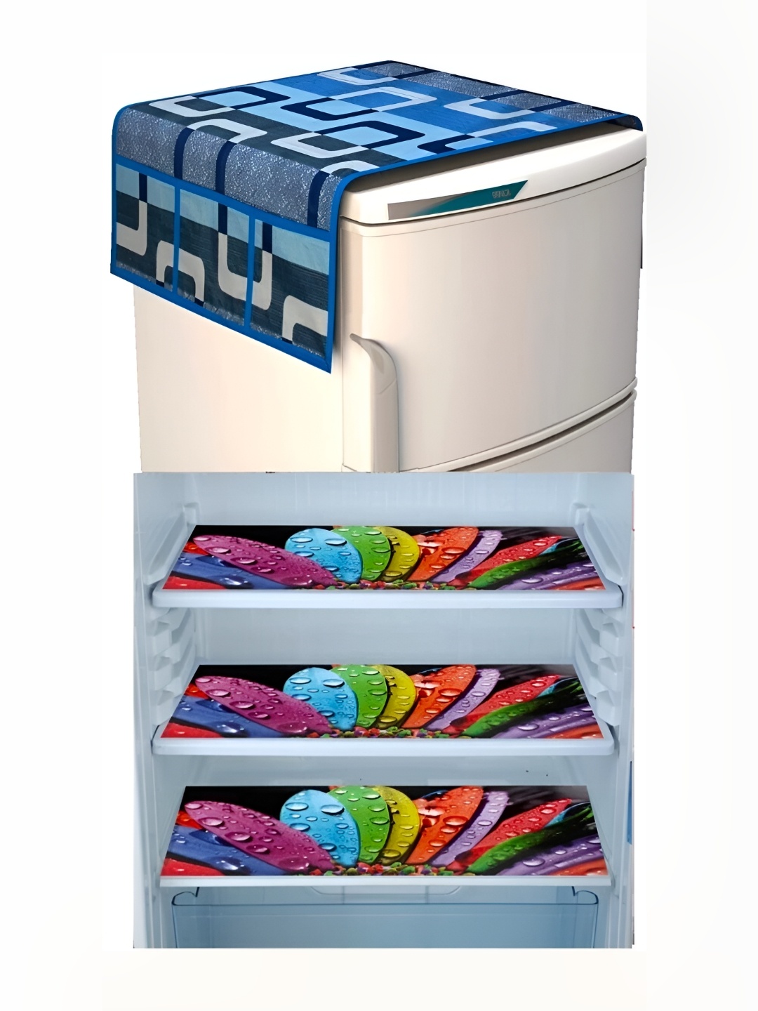 

REVEXO Black & Blue 4 Pieces Printed Fridge Top Cover & Mats