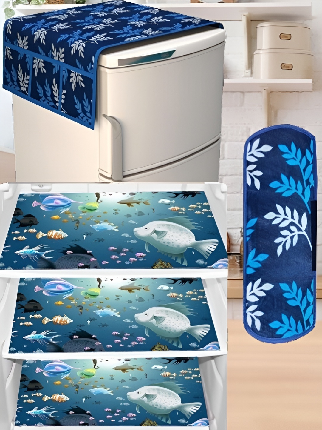 

REVEXO Blue & Green 5 Pieces Printed Fridge Appliance Covers