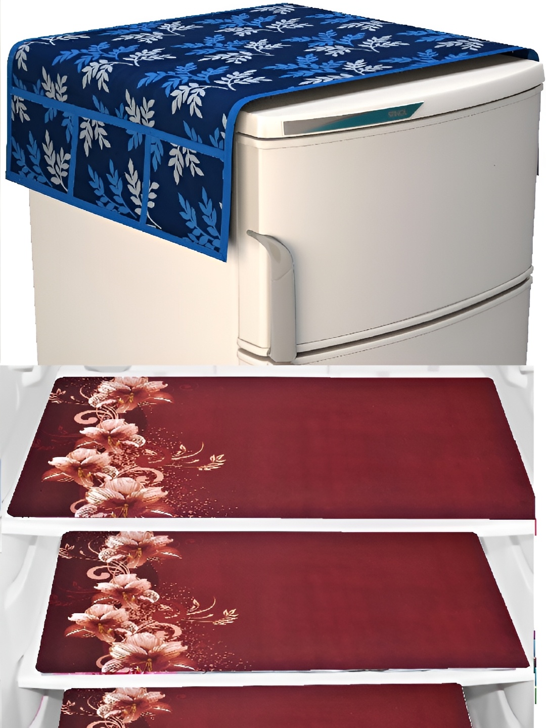 

REVEXO Blue & Maroon 4 Pieces Refrigerator covers & Mats