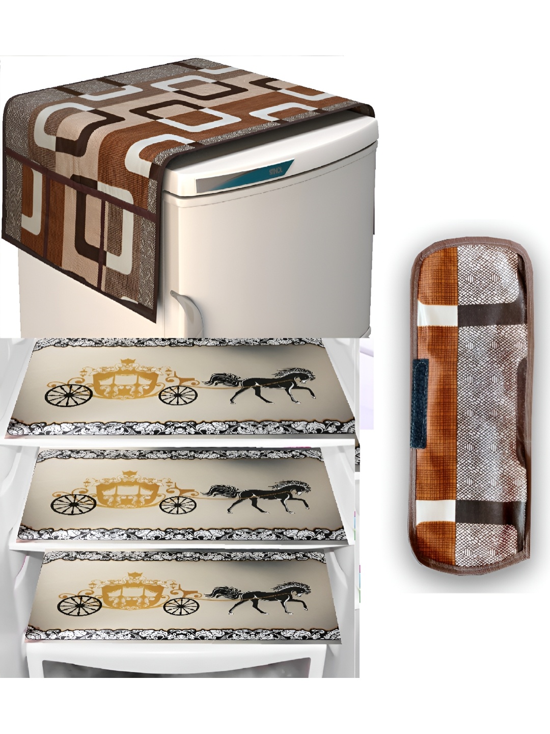 

REVEXO Brown & Off White 5 Pieces Printed Fridge Top Cover Handle Covers & Mats