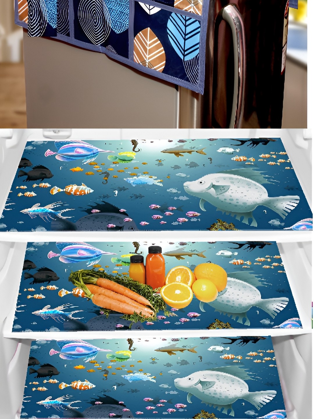 

REVEXO Black & Green 5 Pieces Printed Fridge Top Cover Handle Covers & Mats, Blue