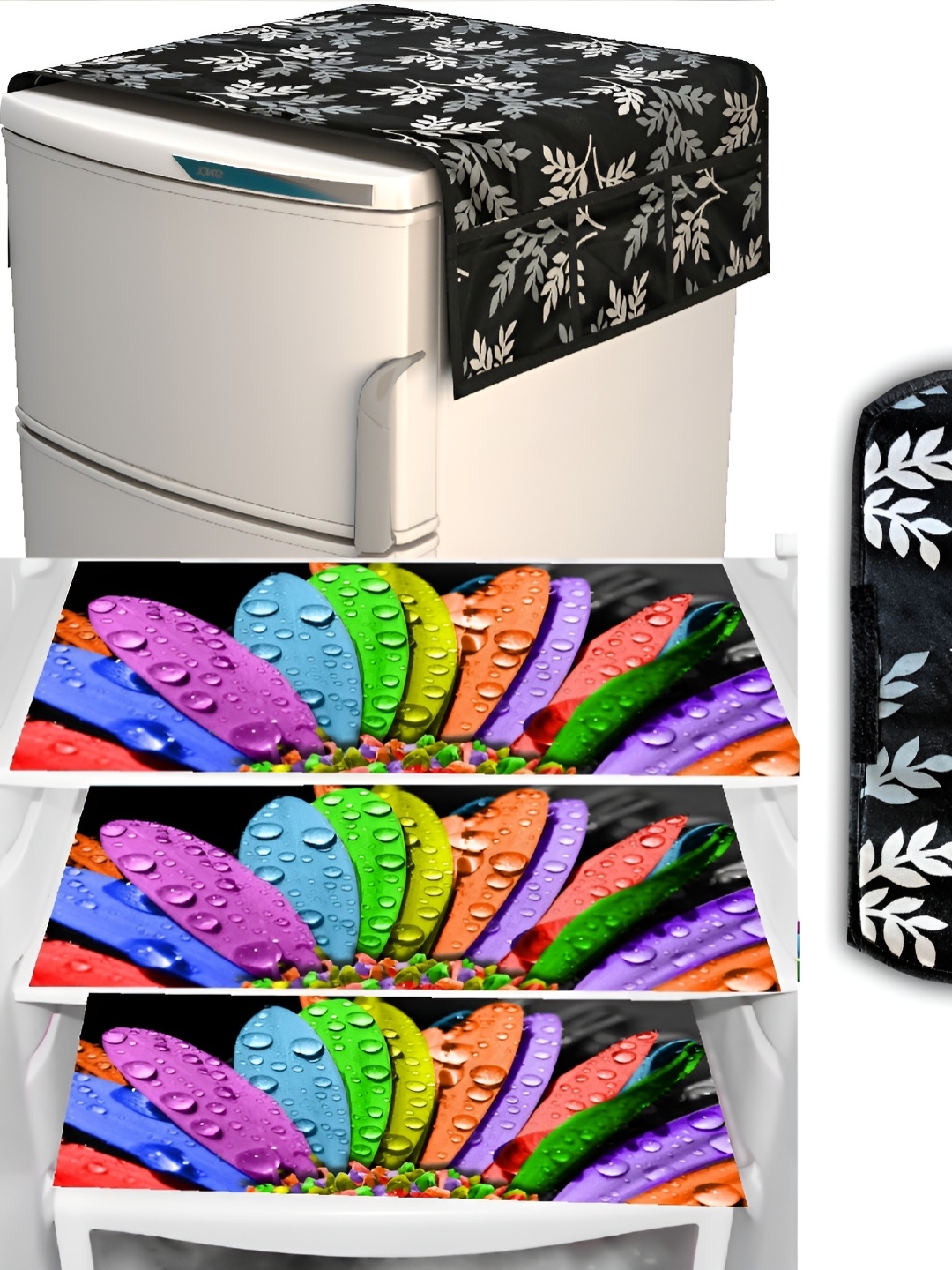 

REVEXO Black & Blue 5 Pieces Printed Fridge Top Cover & Mats