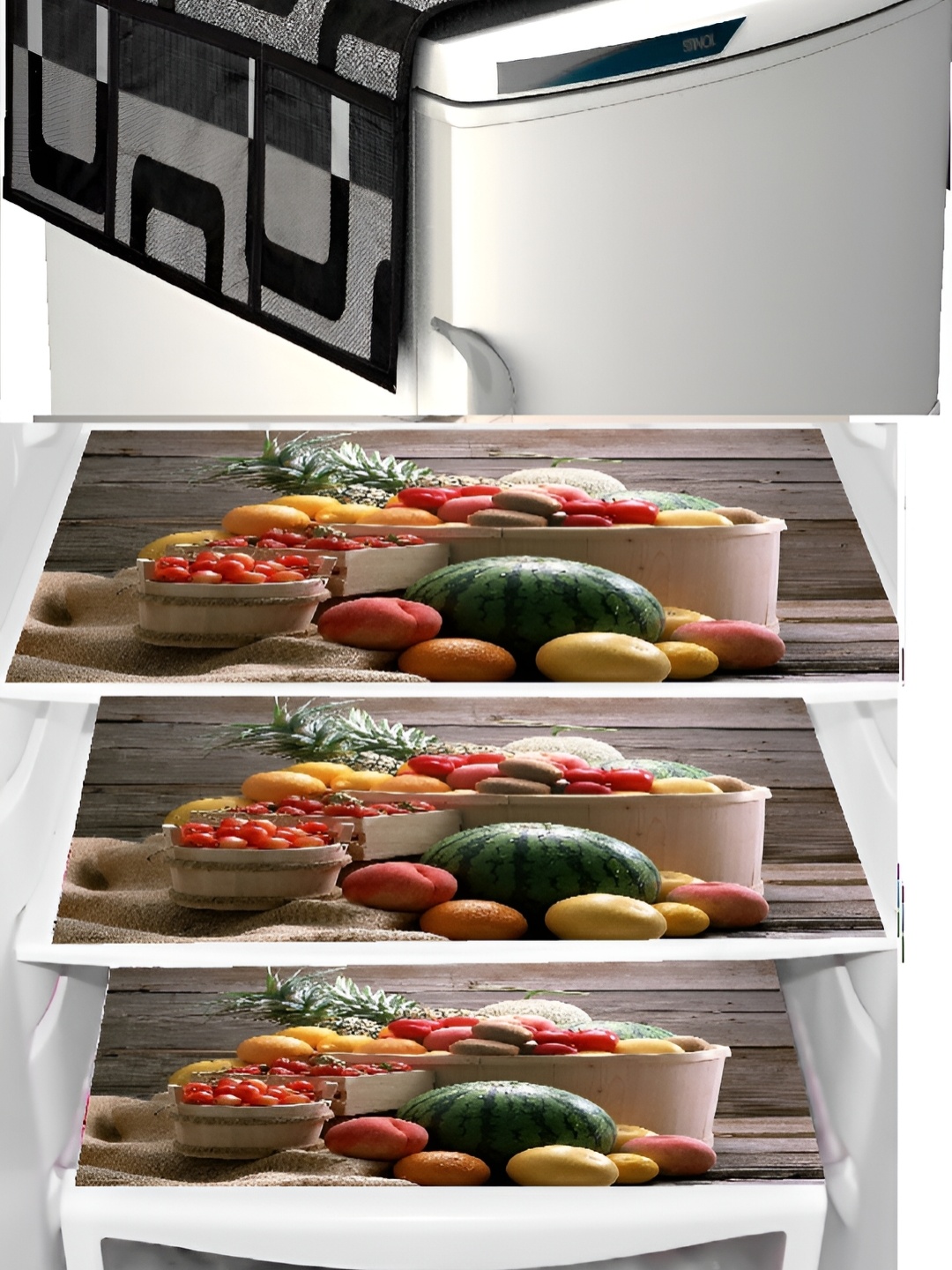 

REVEXO Black & Brown 4 Pieces Printed Fridge Top Cover & Mats
