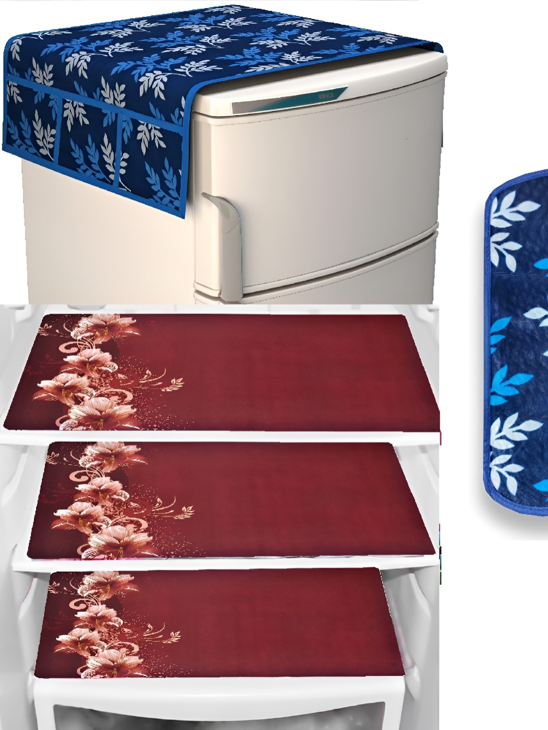 

REVEXO Blue & Maroon 5 Pieces Refrigerator covers, Mats & Handle Cover
