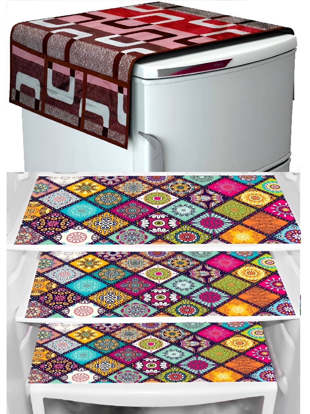 

REVEXO 5-Pcs Red & Brown Printed Fridge Top Cover & Mats, Multi