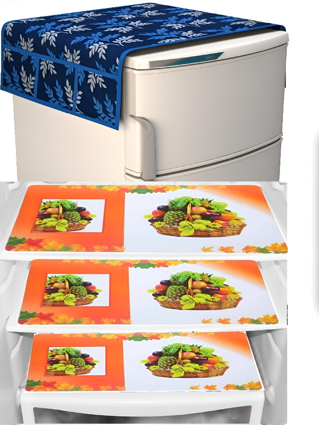 

REVEXO Blue & White 5-Pcs Printed Refrigerator covers, Mats & Handle Cover