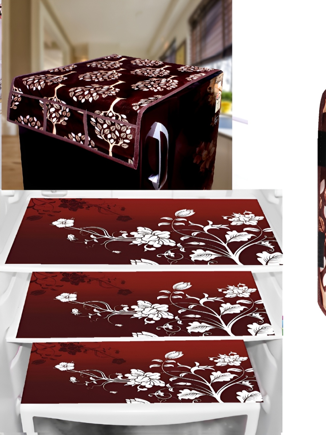 

REVEXO 5 Pieces Brown & Maroon Printed Fridge Top Cover Handle Covers & Mats