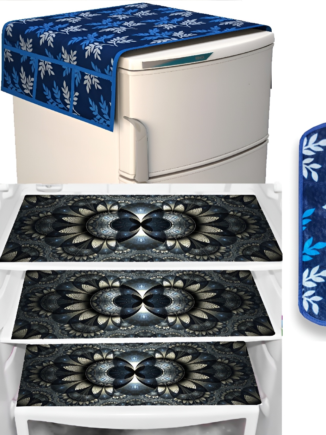 

REVEXO Blue & Black 5Pcs Printed Refrigerator covers Mats & Handle Cover