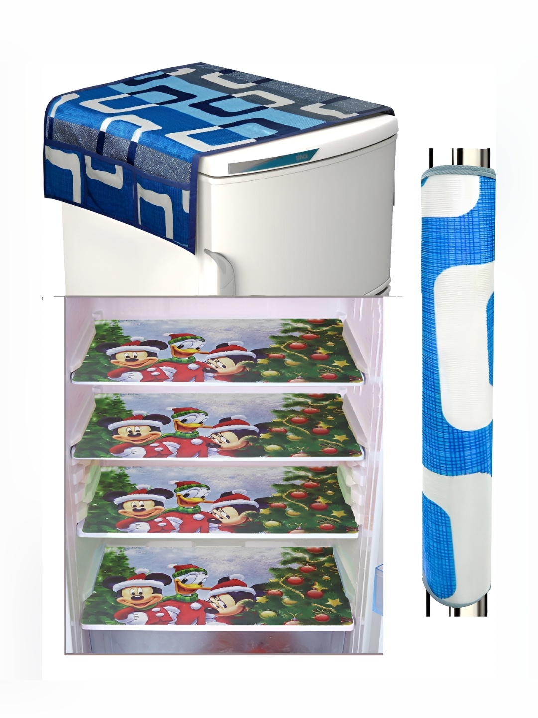 

REVEXO Blue & White 6 Pieces Printed Fridge Appliance Cover With Mats & Handle