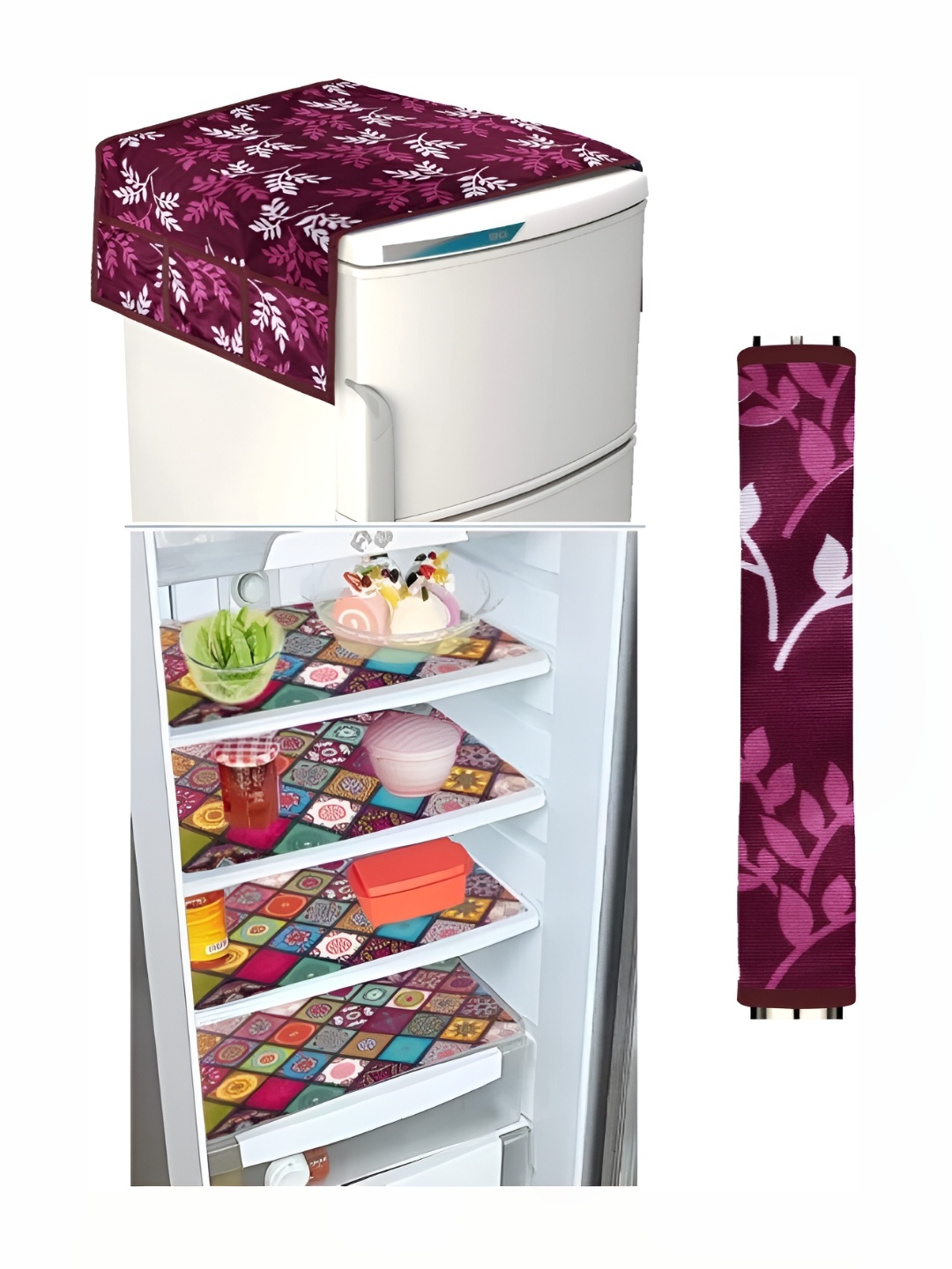 

REVEXO 6 Pieces Pink & White Printed Refrigerator covers, Mats & Handle Cover