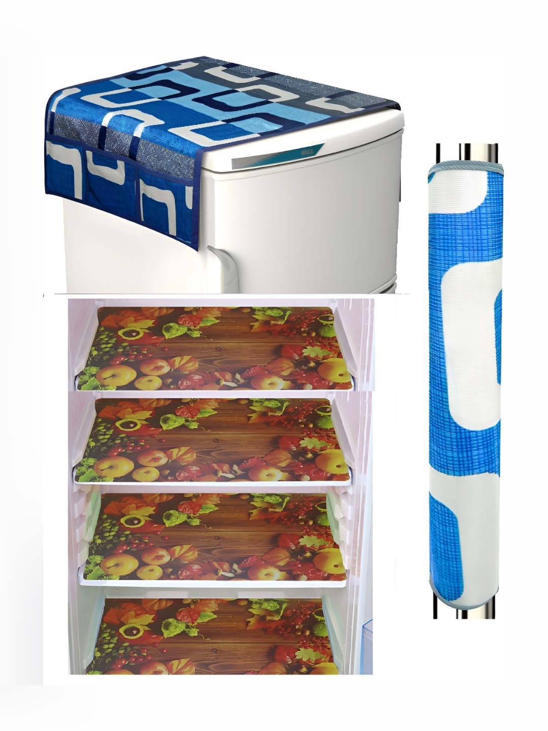 

REVEXO Brown & Blue 5 Pieces Refrigerator covers, Mats & Handle Covers