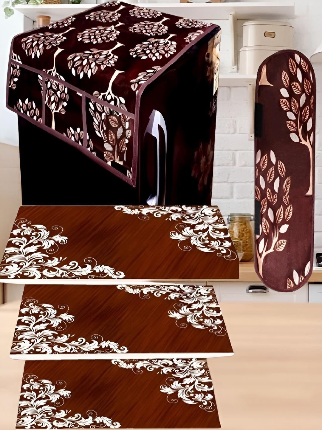 

REVEXO Beige & Maroon 5 Pieces Printed Fridge Appliance Covers