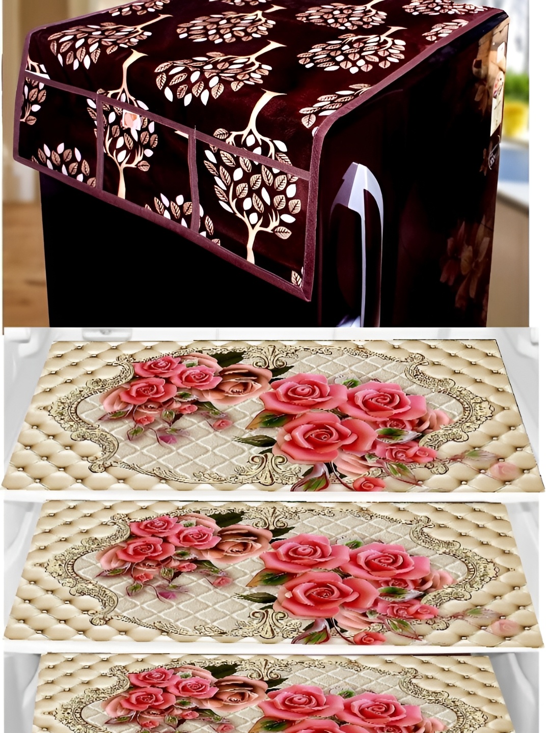 

REVEXO Maroon & Pink 4 Pieces Refrigerator covers & Mats