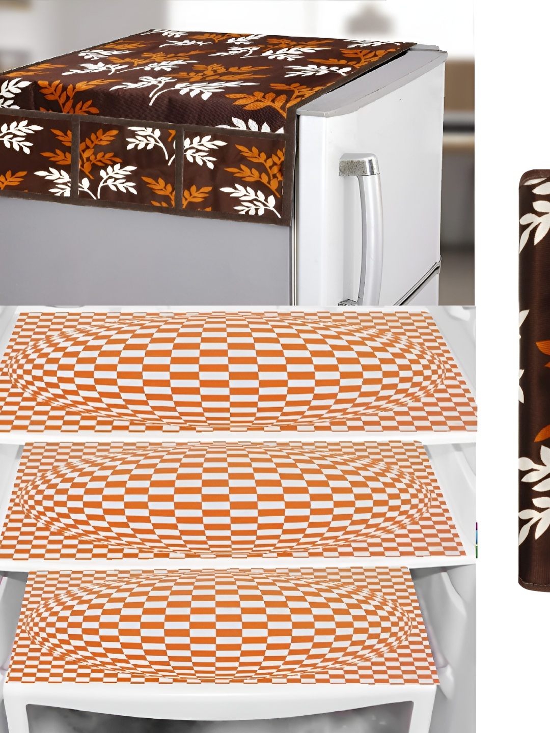 

REVEXO Brown & White 5 Pieces Refrigerator Covers With Mats & Handle Covers