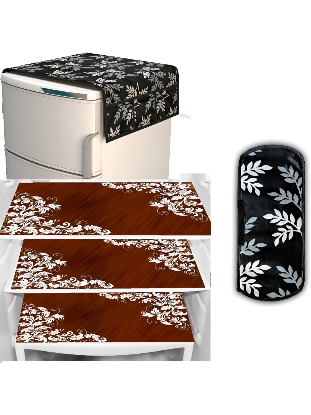 

REVEXO 5 Pieces Maroon & Black Printed Fridge Top Cover & Mats