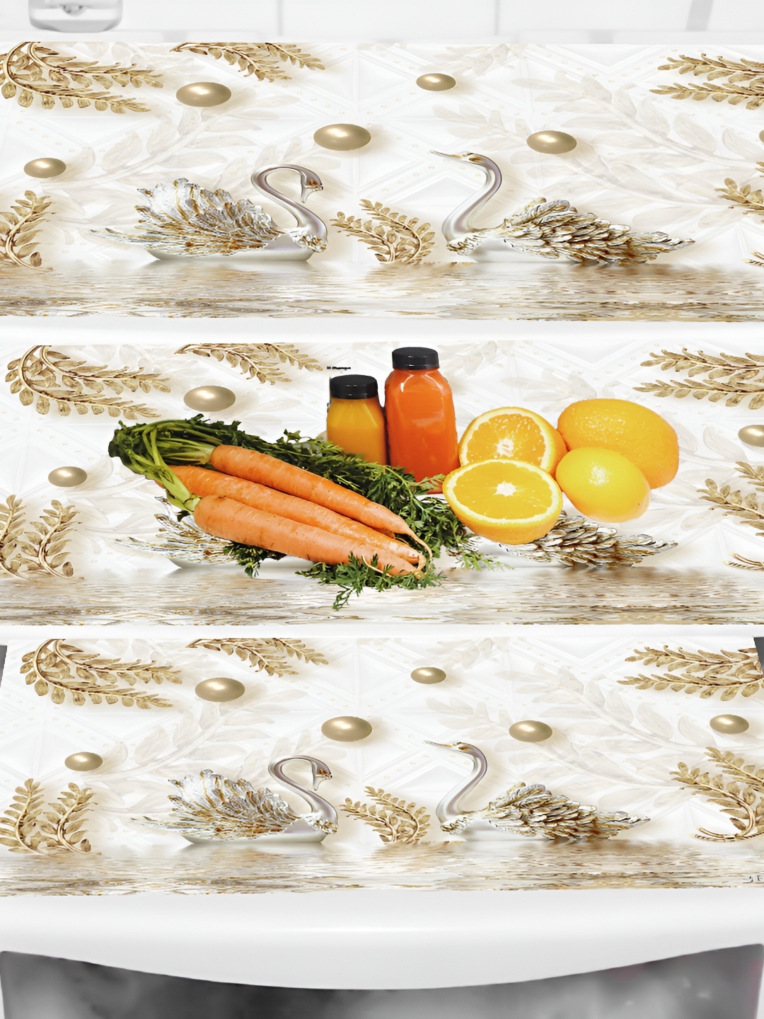 

REVEXO Cream-Coloured & Gold Toned 3 Pieces Printed Fridge Mats