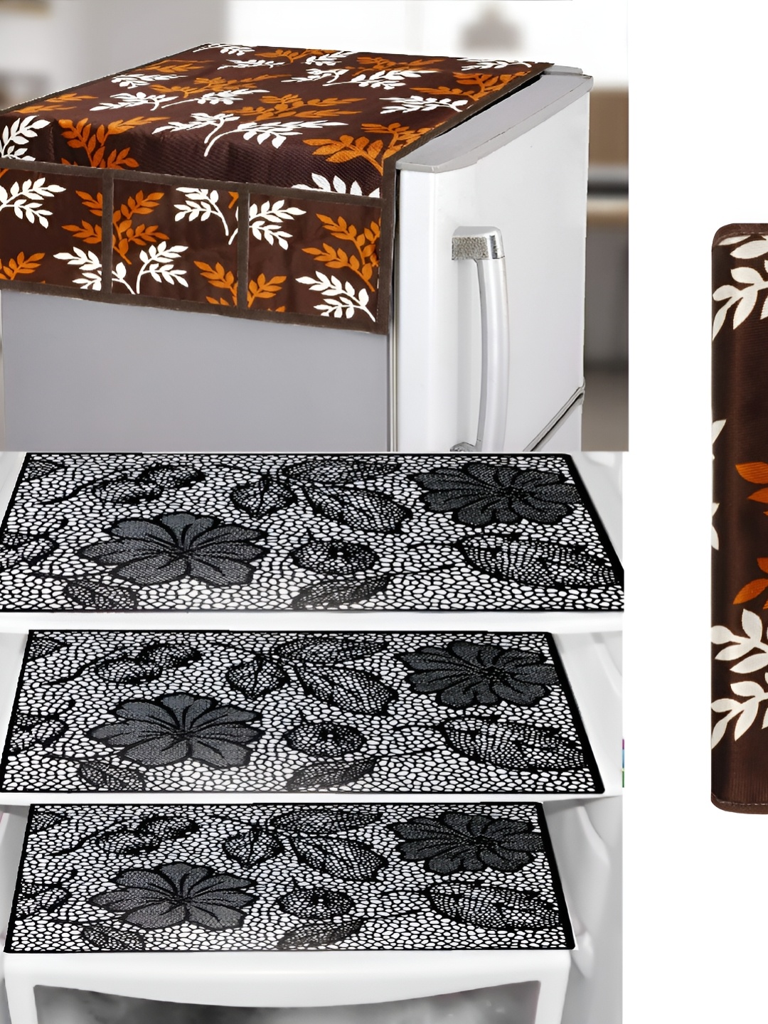 

REVEXO Brown & Grey 5 Pieces Printed Refrigerator Cover With Mats & Handle Cover