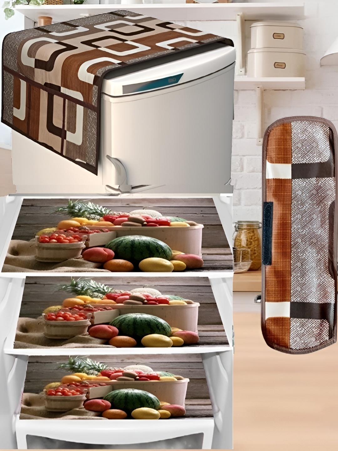 

REVEXO Brown & Grey 5 Pieces Refrigerator covers, Mats & Handle Cover