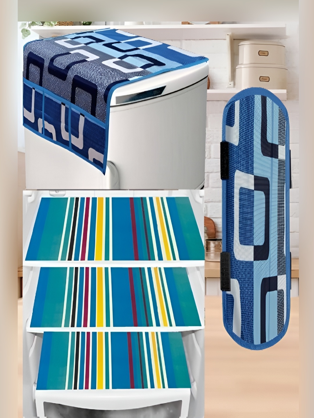 

REVEXO 5-Pcs Blue & White Printed Fridge Top Cover & Mats