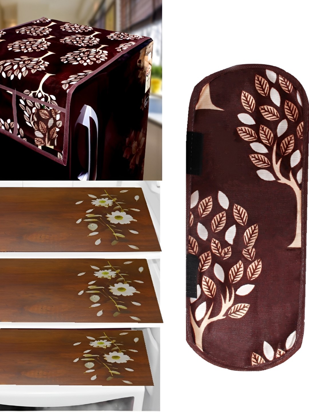 

REVEXO Brown & White 4 Pieces Printed Fridge Fridge Top Cover Handle Covers & Mats