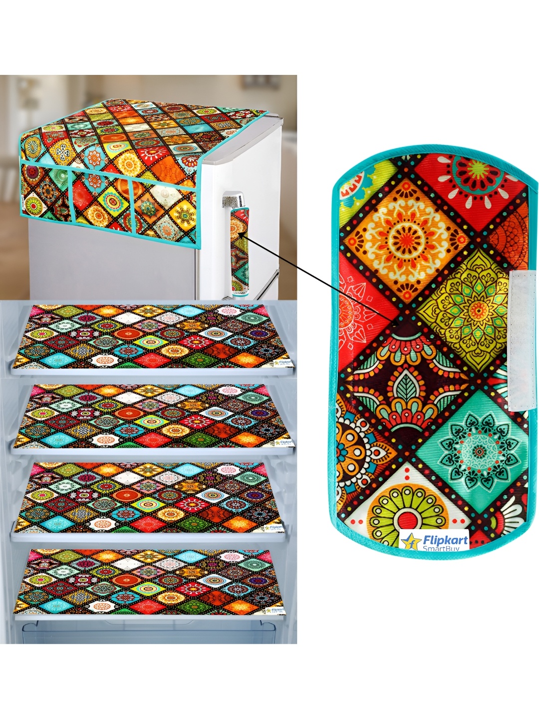 

REVEXO Green & Red 6 Pieces Refrigerator Covers Mats & Handle Cover