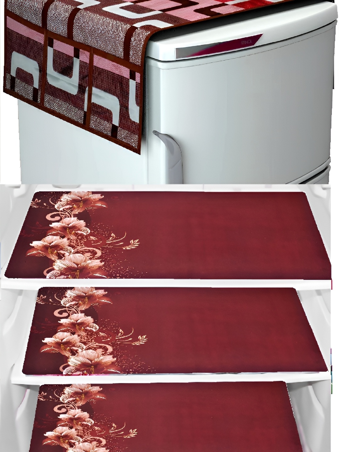 

REVEXO Maroon & Pink 4 Pieces Refrigerator covers & Mats