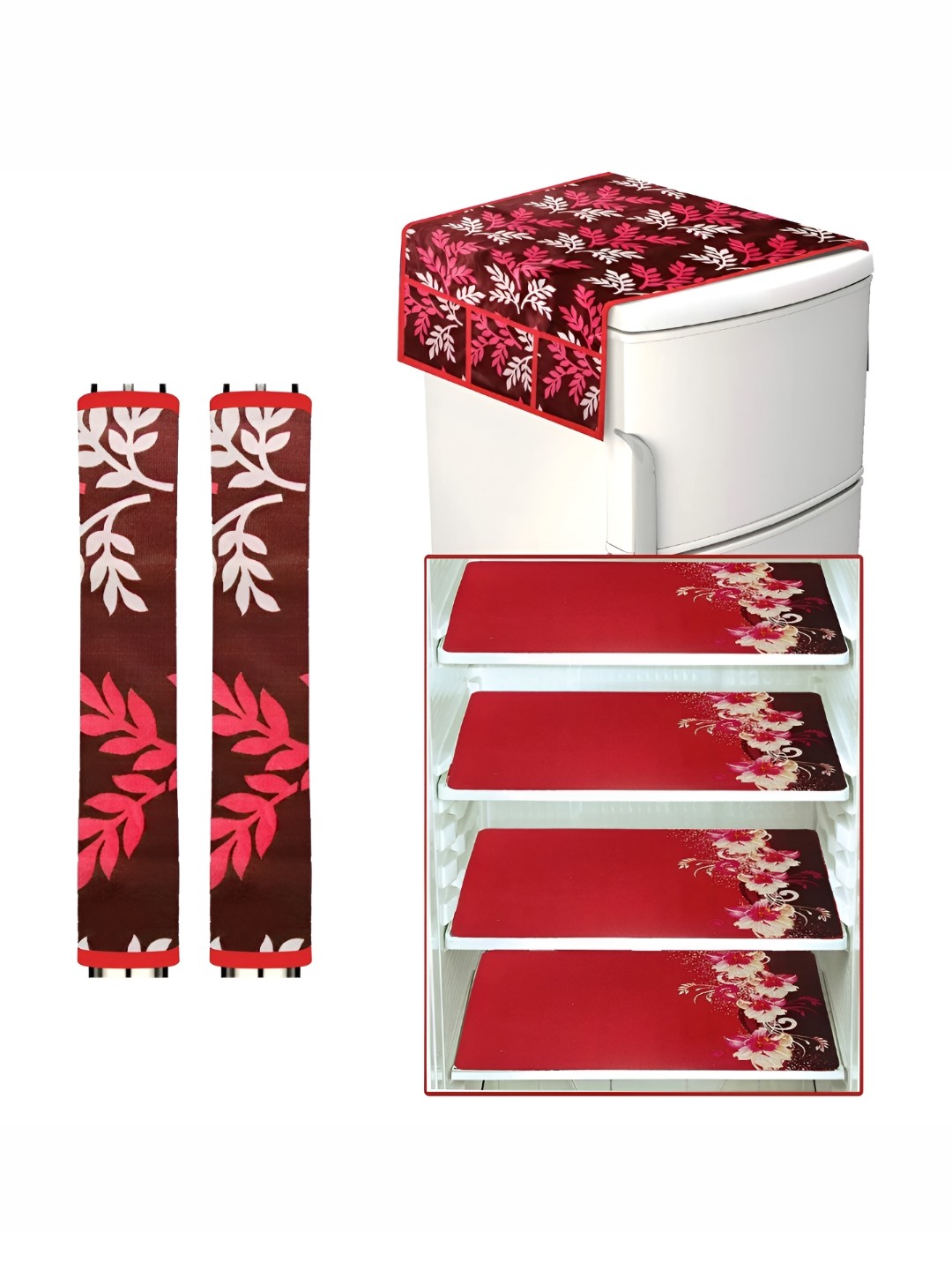 

REVEXO Maroon & White 7-Pcs Refrigerator covers, Mats & Handle Cover