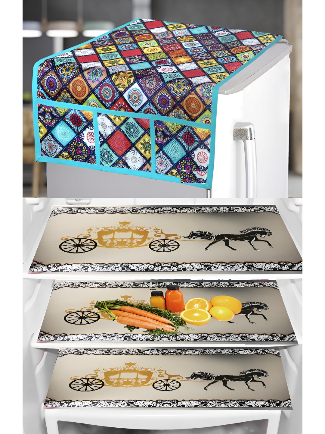 

REVEXO Purple & Yellow 4 Pieces Printed Fridge Appliance Covers