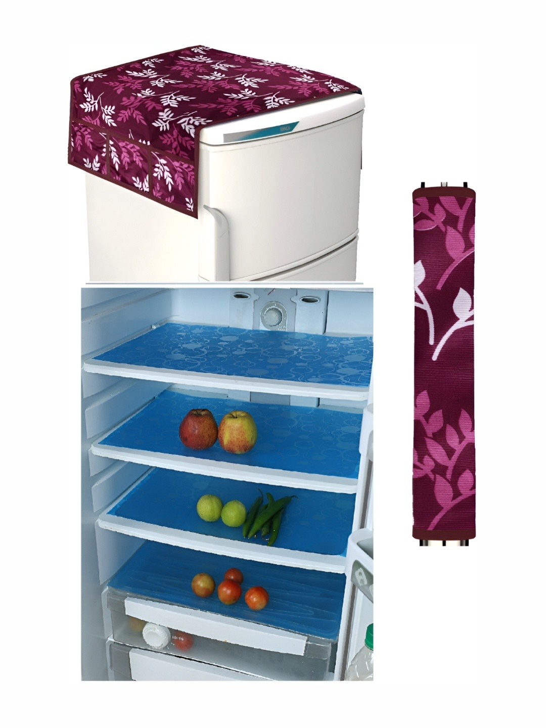 

REVEXO Maroon & Blue 6-Pcs Printed Fridge Top Cover & Mats, Multi