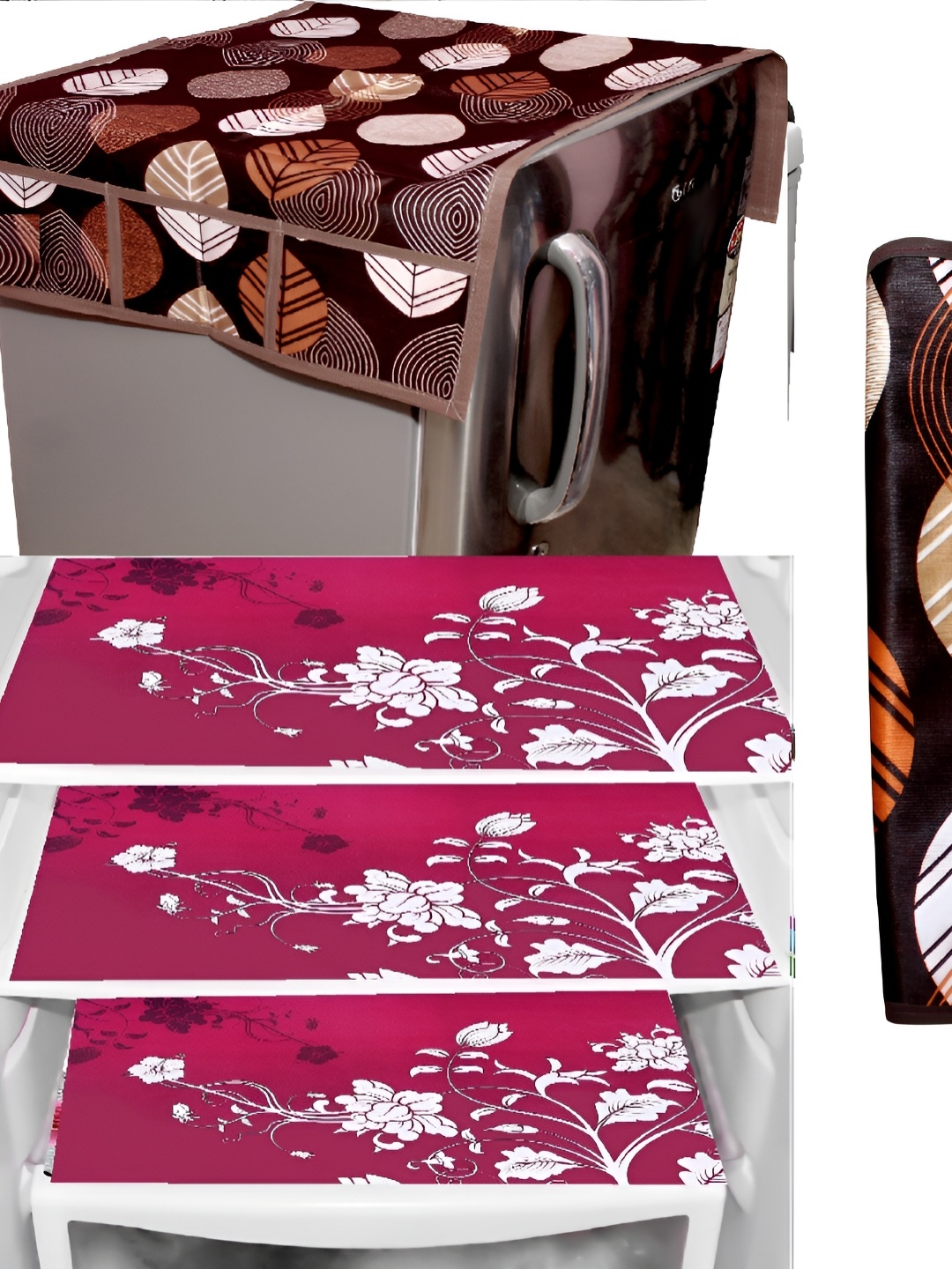 

REVEXO Brown & Pink 5 Pieces Refrigerator covers, Mats & Handle Cover