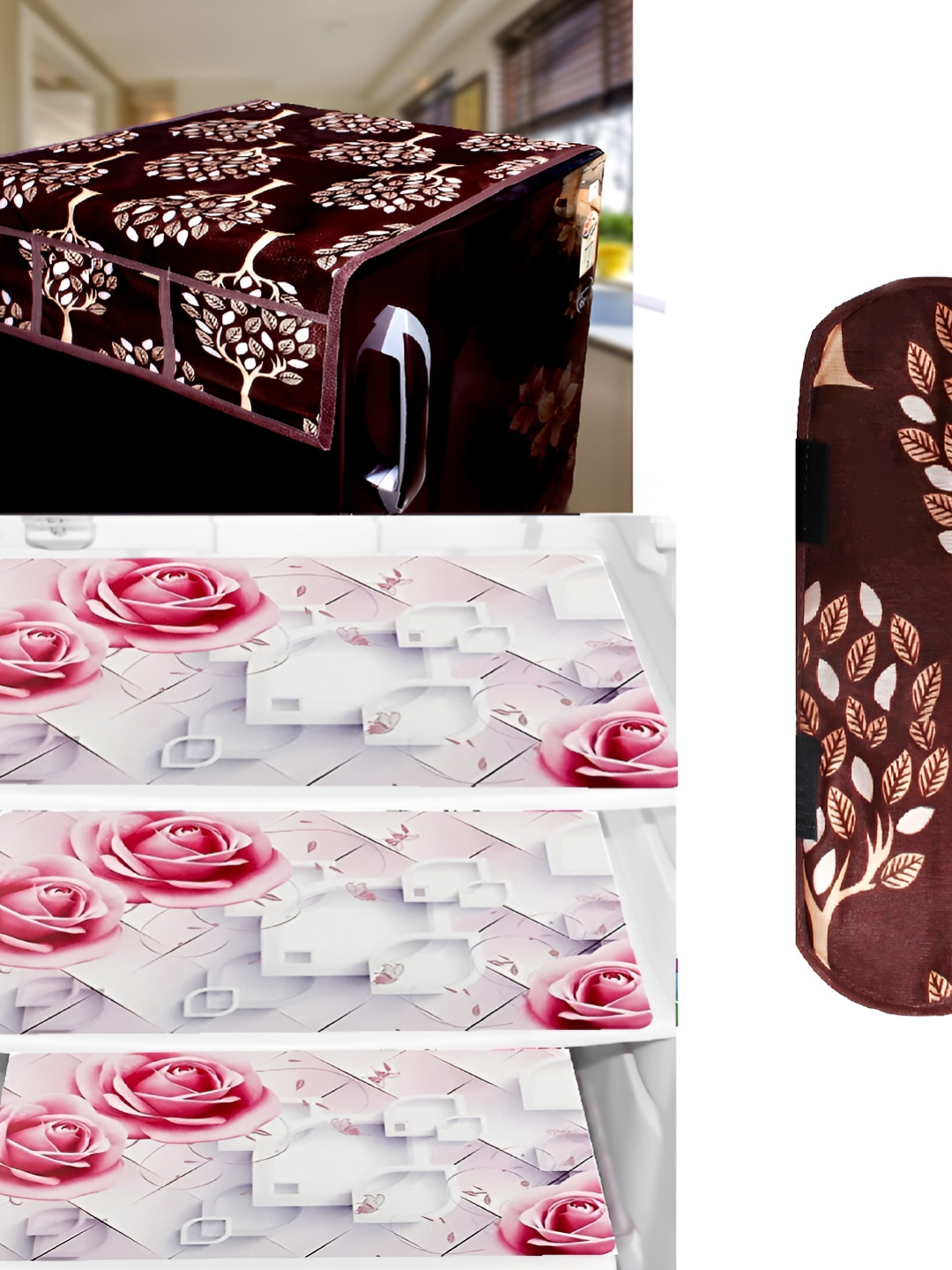 

REVEXO Brown & White 5 Pieces Printed Fridge Top Cover & Mats, Multi