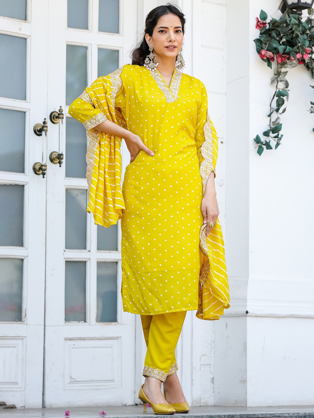 

KALINI Bandhani Printed Sequinned Pure Silk Straight Kurta with Trousers & Dupatta, Yellow