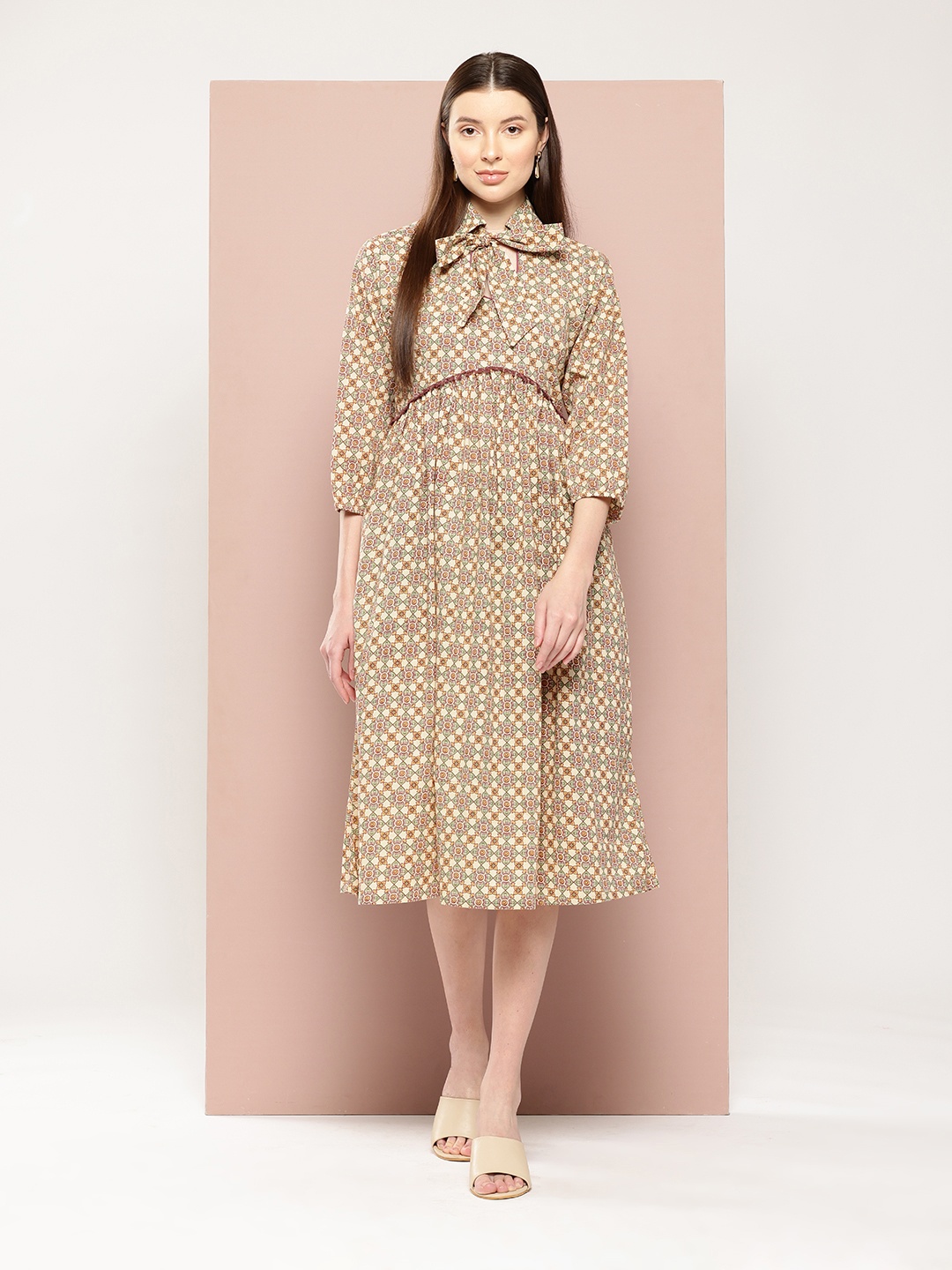 

ArtiZenWeaves Ethnic Motifs Print Tie-Up Neck Puff Sleeves A-Line Midi Dress, Beige