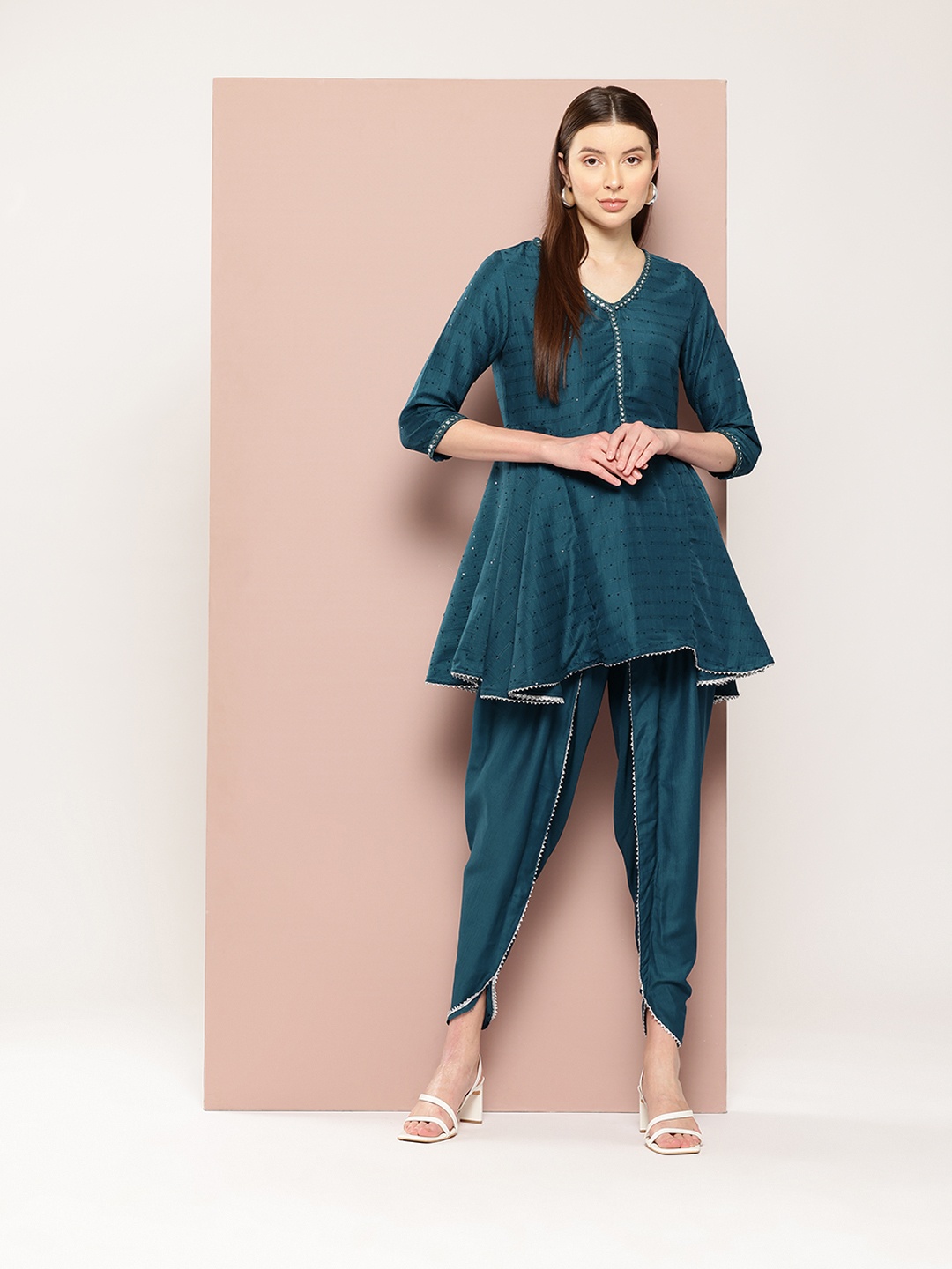 

ArtiZenWeaves Embroidered Sequinned Chanderi Silk Kurti with Dhoti Pants, Blue