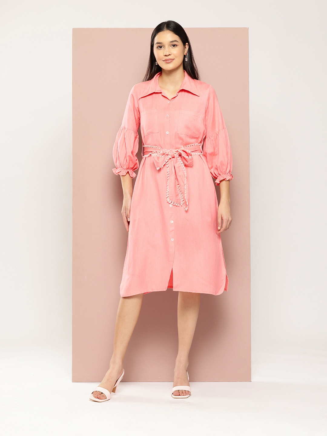 

ArtiZenWeaves Puff Sleeves Shirt Dress With Belt, Coral