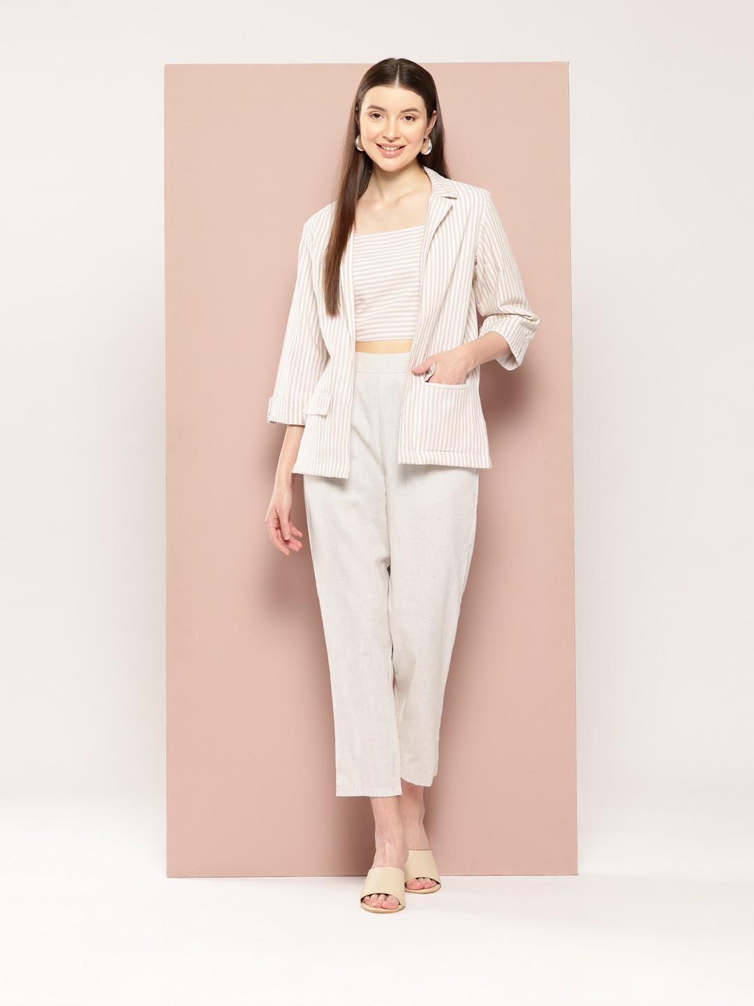 

ArtiZenWeaves Women Striped Pure Cotton Co-Ords Set, Khaki