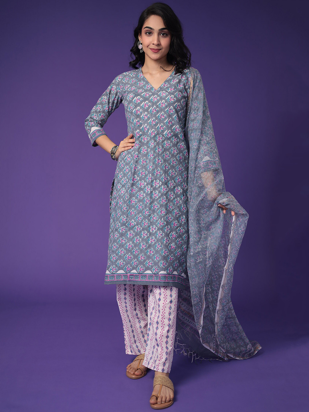 

ZARI Floral Printed Regular Pure Cotton Kurta With Trousers & Dupatta, Grey
