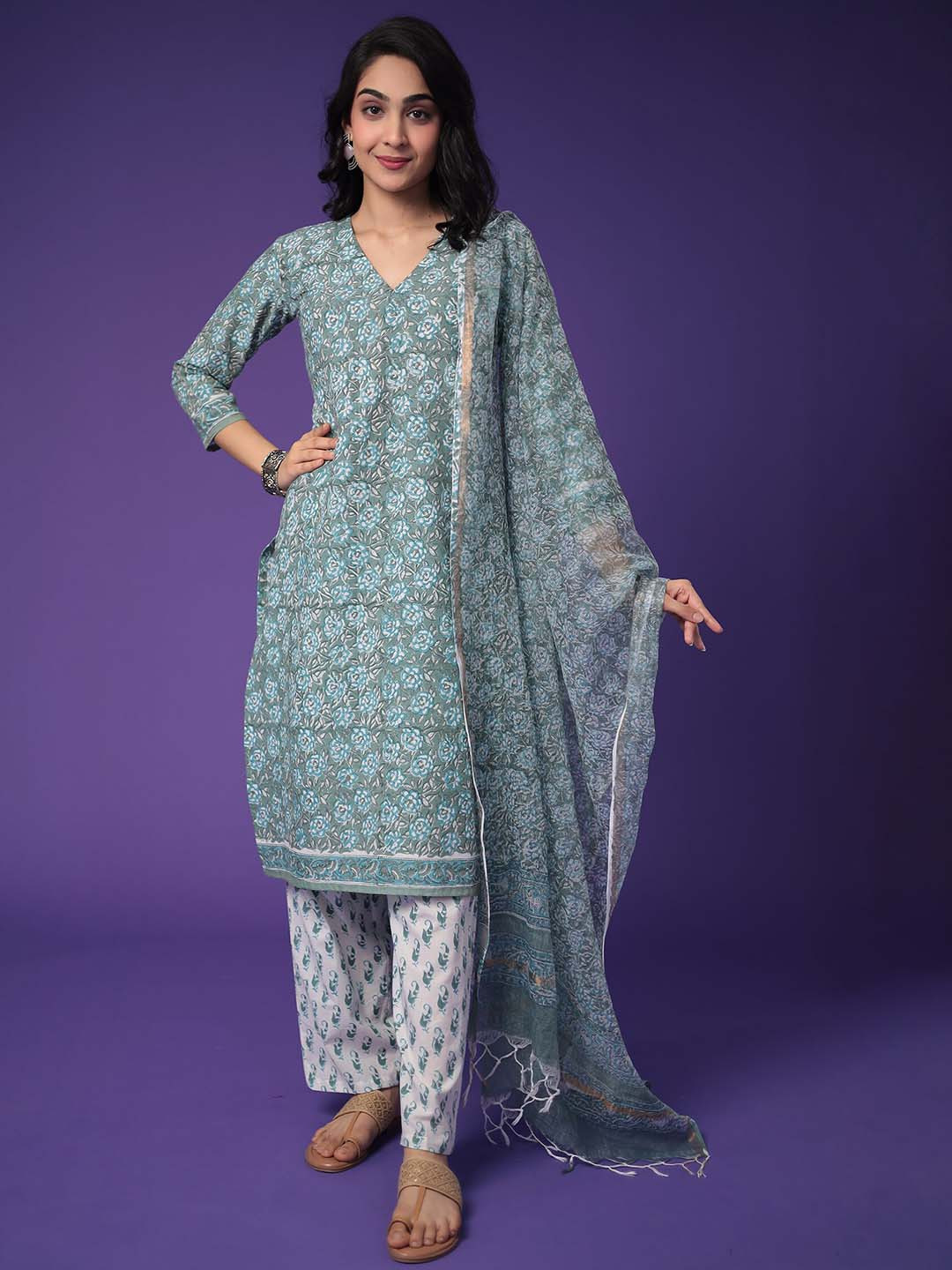 

ZARI Floral Printed Pure Cotton Straight Kurta with Trouser & Dupatta, Green