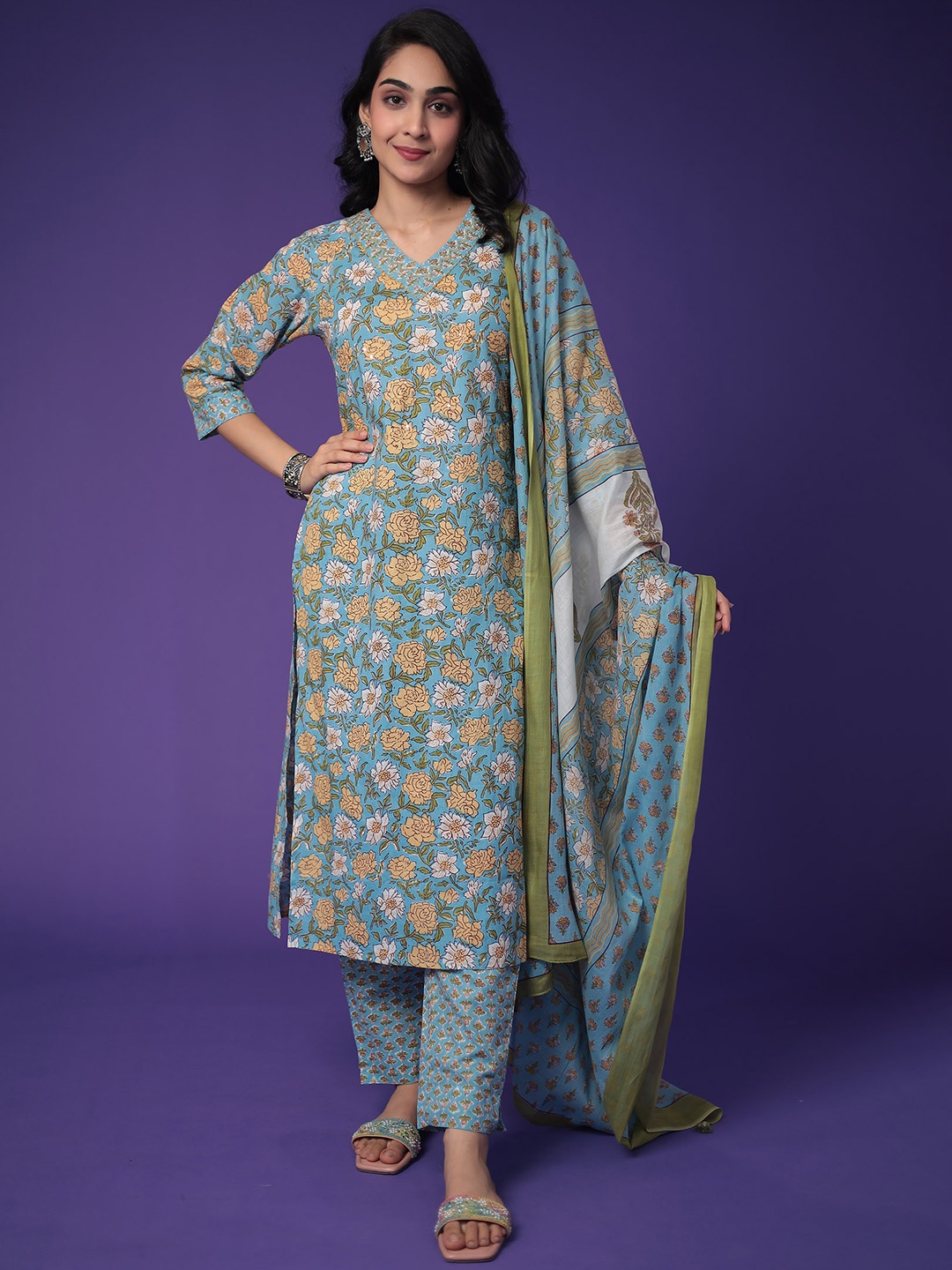 

ZARI Floral Printed Regular Pure Cotton Kurta With Trousers & Dupatta, Blue