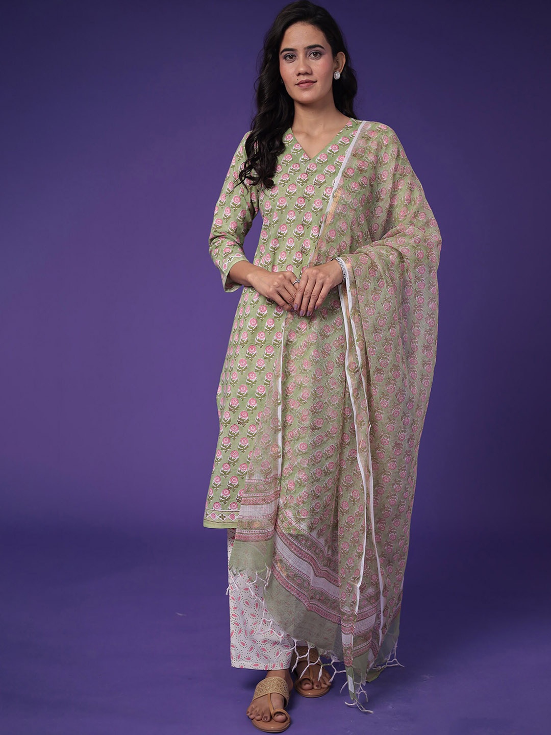 

ZARI Floral Printed Pure Cotton Straight Kurta with Trouser & Dupatta, Green