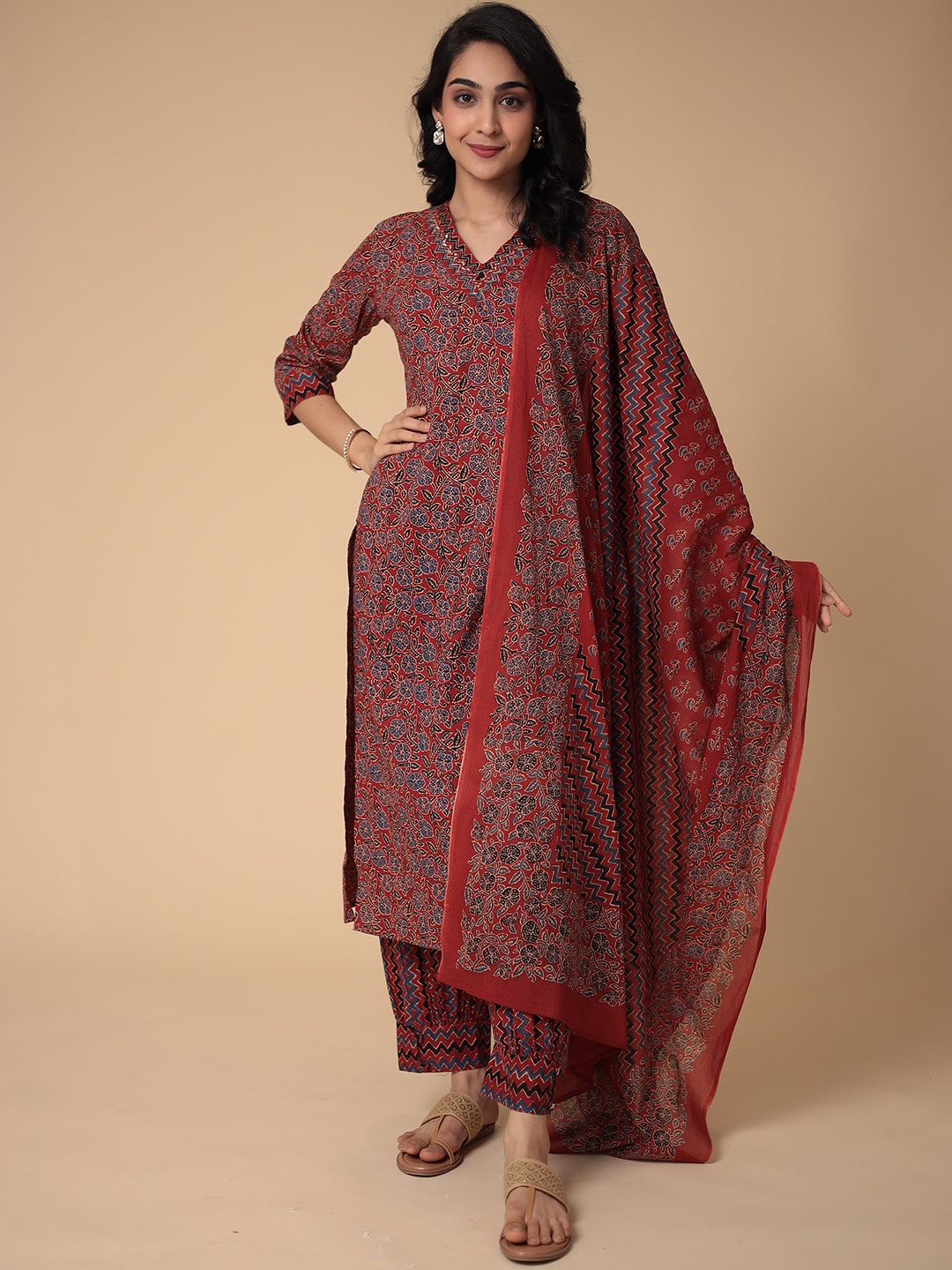 

ZARI Floral Printed Pure Cotton Straight Kurta with Trouser & Dupatta, Maroon
