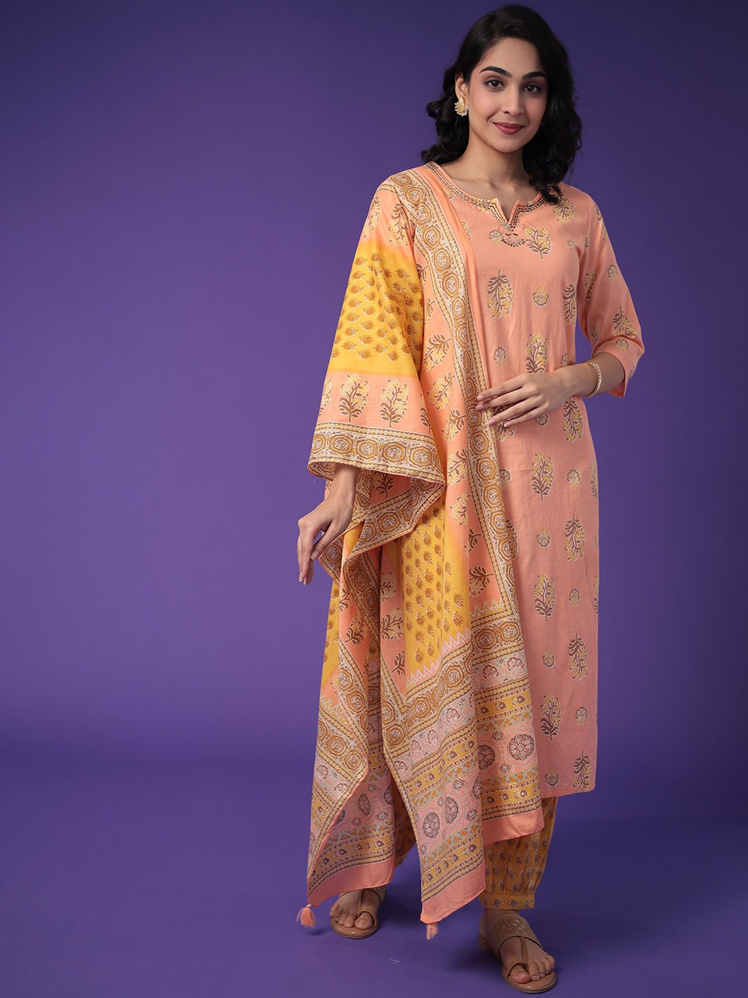 

ZARI Floral Printed Pure Cotton Straight Kurta with Salwar & Dupatta, Peach