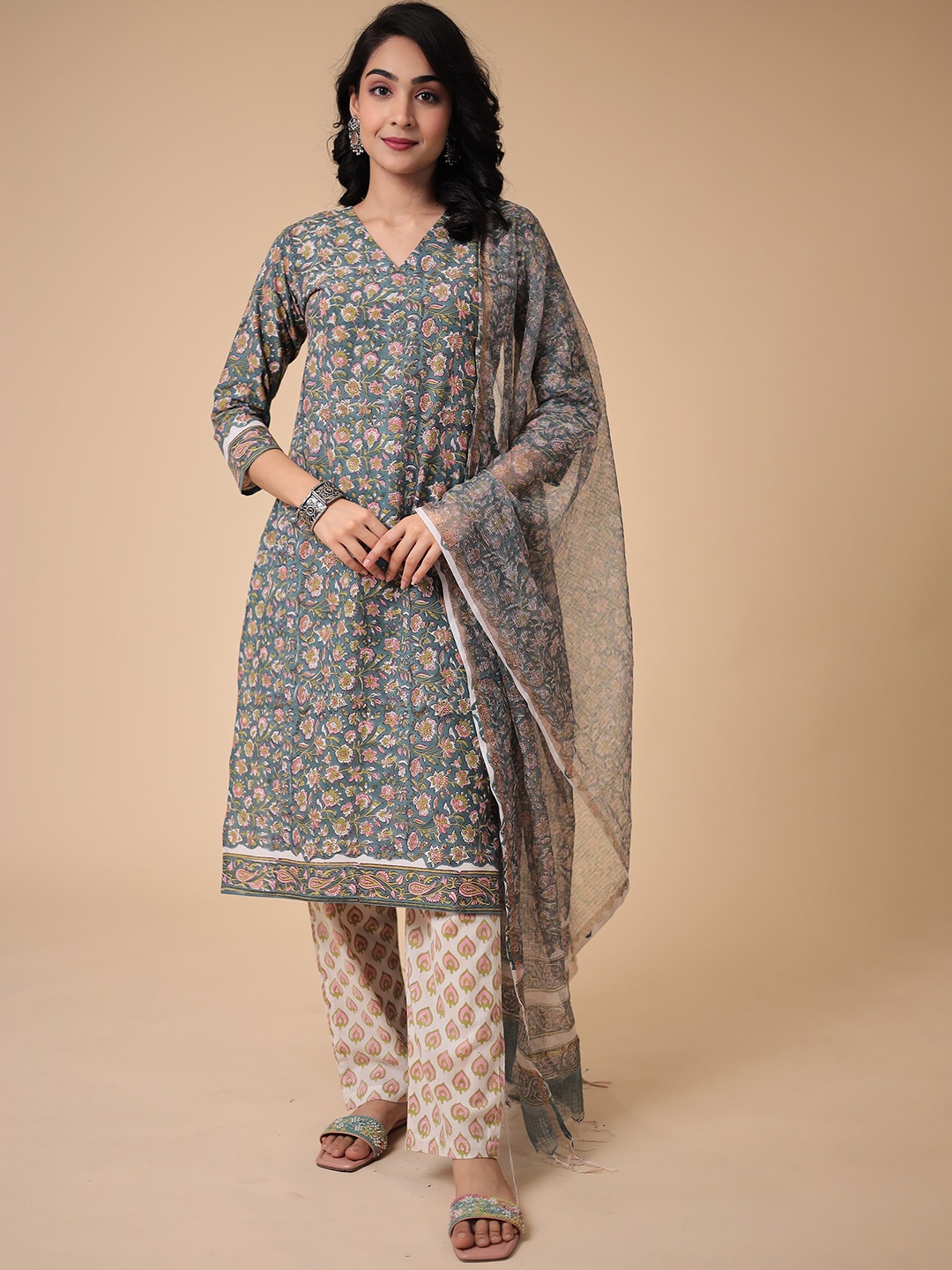 

ZARI Floral Printed Pure Cotton Straight Kurta with Trouser & Dupatta, Grey