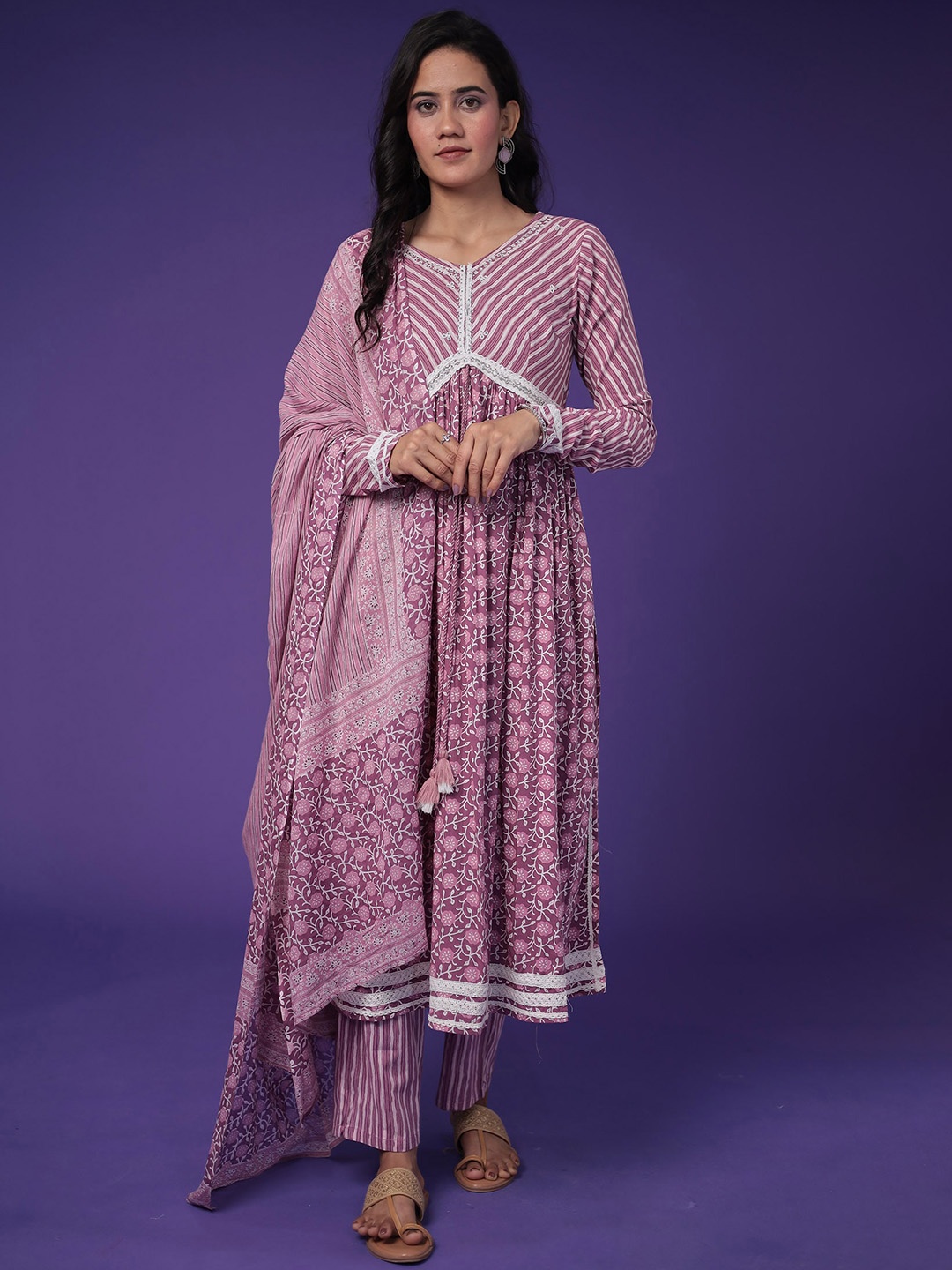 

ZARI Floral Printed Sequinned Empire Pure Cotton Kurta With Trousers & Dupatta, Pink