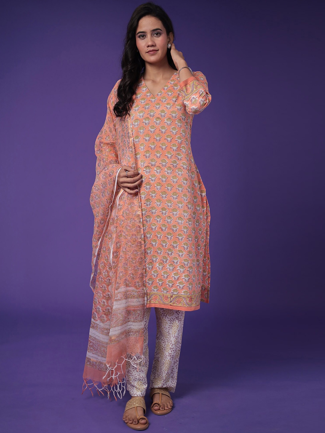

ZARI Floral Printed Regular Pure Cotton Kurta With Trousers & Dupatta, Orange