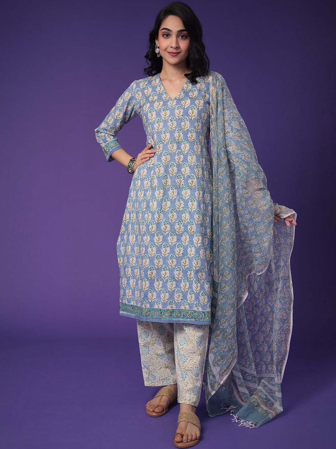 

ZARI Floral Printed Pure Cotton Straight Kurta with Trouser & Dupatta, Blue