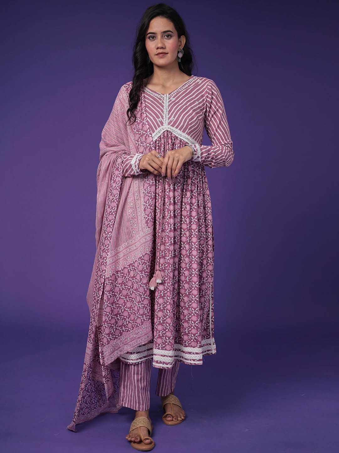 

ZARI Floral Printed Pure Cotton Straight Kurta with Trouser & Dupatta, Purple