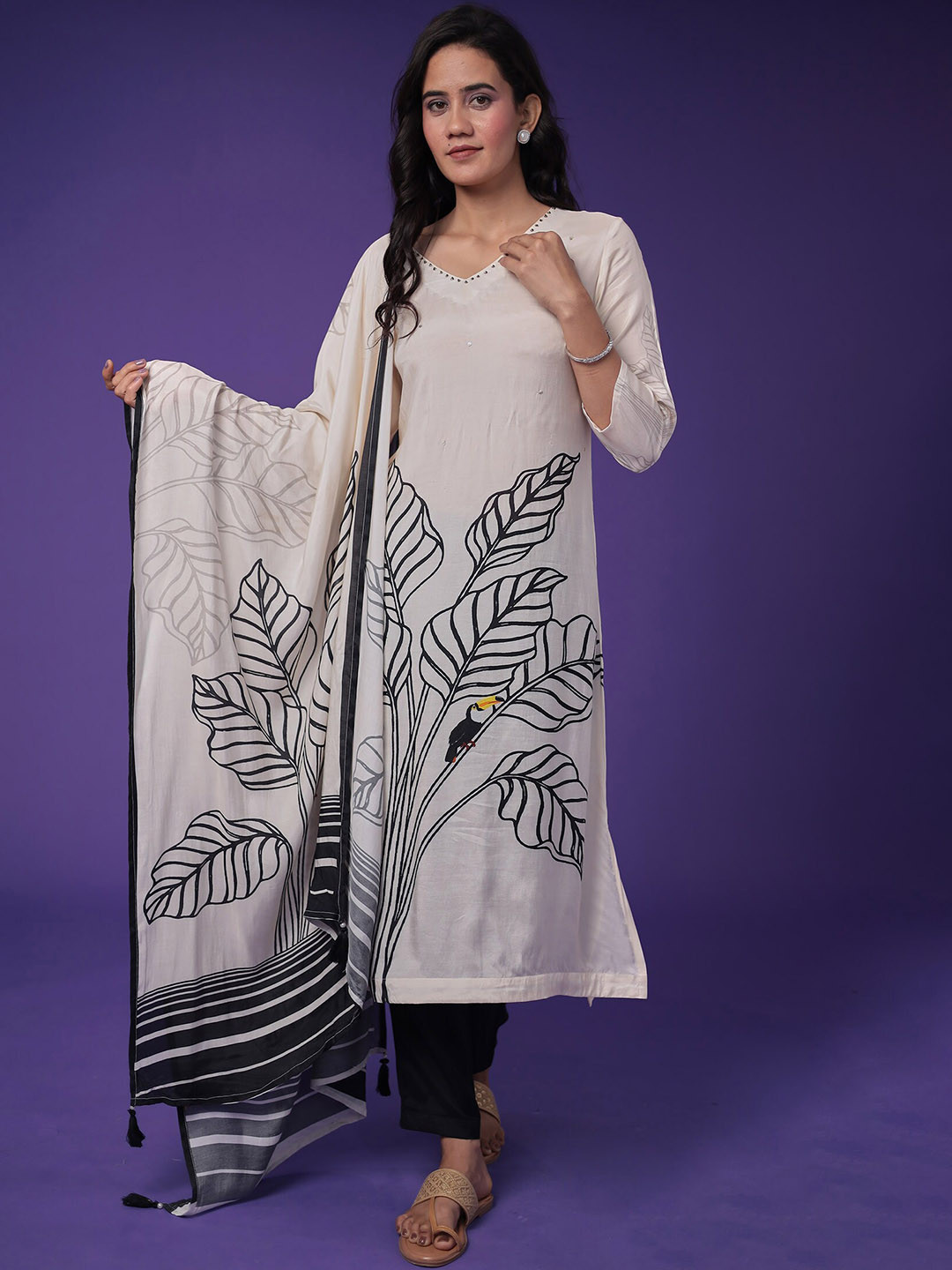 

ZARI Floral Printed Straight Kurta with Trouser & Dupatta, Cream