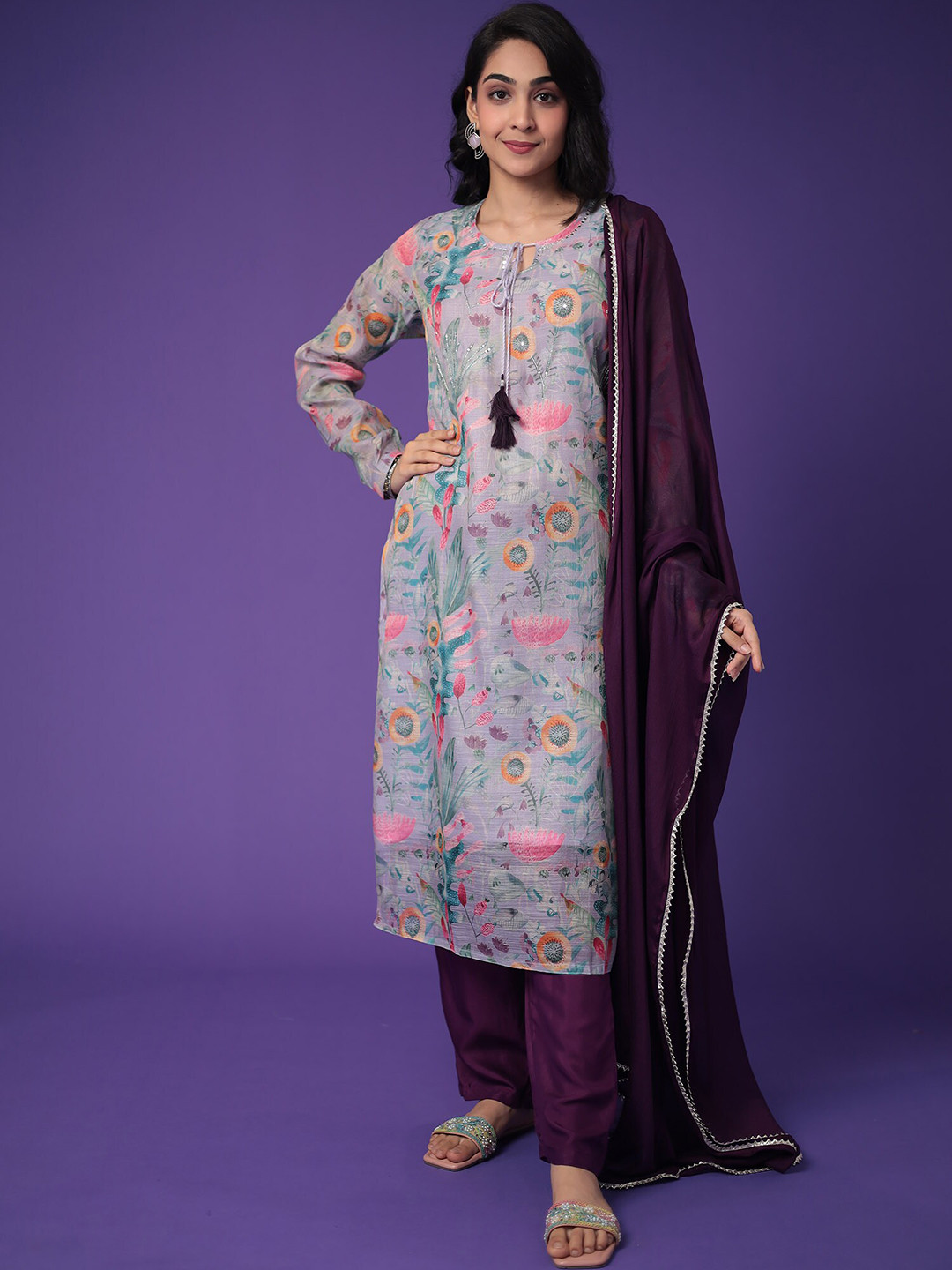 

ZARI Floral Printed Tie-Up Neck Sequinned Pure Cotton Kurta With Trousers & Dupatta, Purple