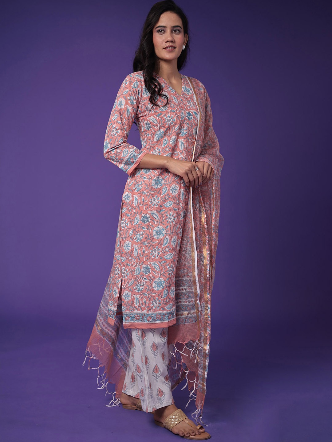 

ZARI Ethnic Motifs Printed Pure Cotton Straight Kurta with Trouser & Dupatta, Peach